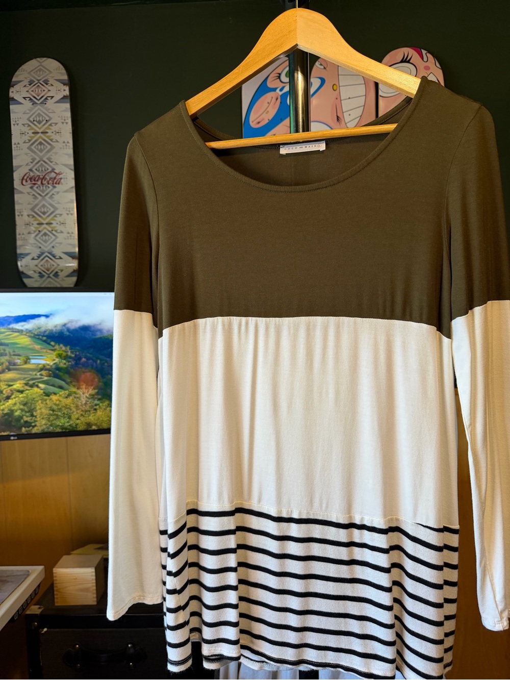 Boho Olive & Ivory Long Sleeve ColorBlock Striped Tunic- Coco and Main LARGE